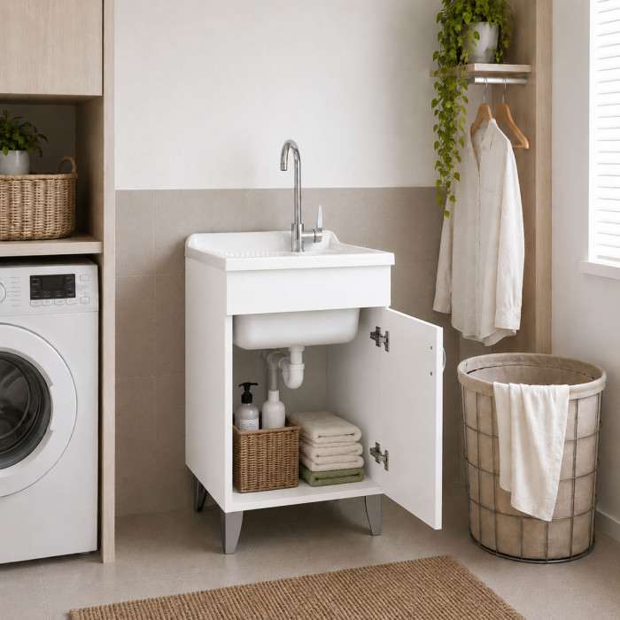 Mobile lavatoio lavanderia per interno in legno 1 anta L45 x P50 x H88 cm vasca in resina Bianco