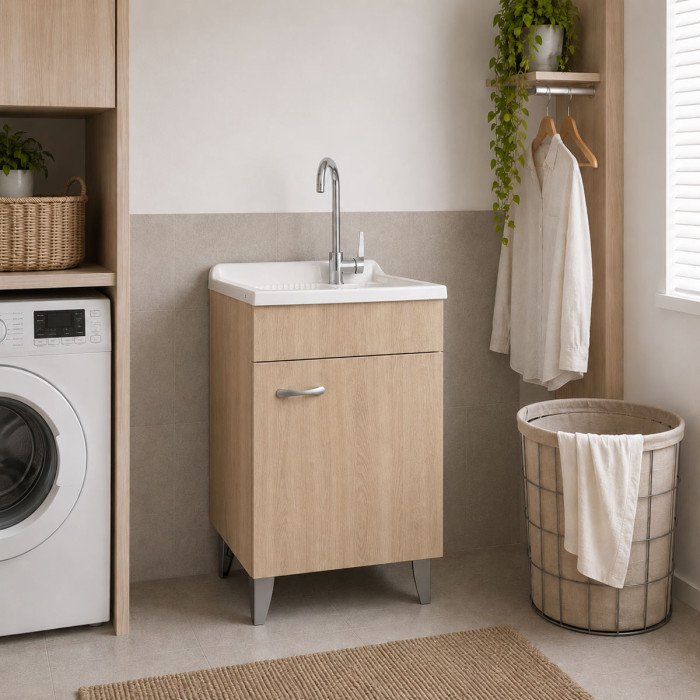 Mobile lavatoio lavanderia per interno in legno 1 anta L45 x P50 x H88 cm vasca in resina Rovere Well