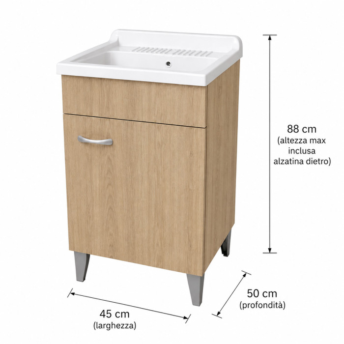 Mobile lavatoio lavanderia per interno in legno 1 anta L45 x P50 x H88 cm vasca in resina Rovere Well
