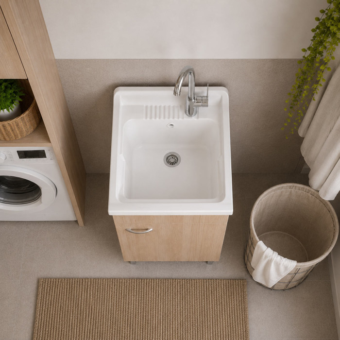 Mobile lavatoio lavanderia per interno in legno 1 anta L45 x P50 x H88 cm vasca in resina Rovere Well