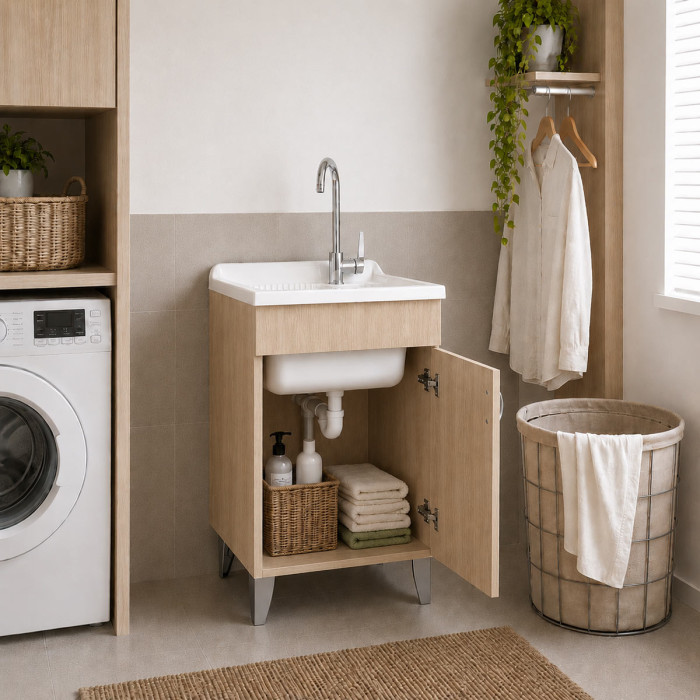 Mobile lavatoio lavanderia per interno in legno 1 anta L45 x P50 x H88 cm vasca in resina Rovere Well