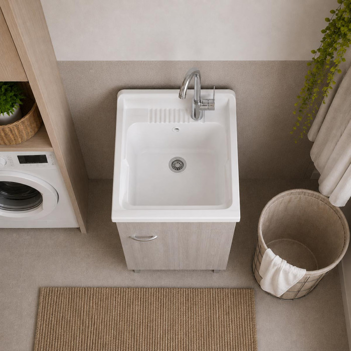 Mobile lavatoio lavanderia per interno in legno 1 anta L45 x P50 x H88 cm vasca in resina Olmo Perla