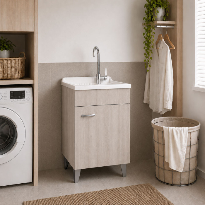 Mobile lavatoio lavanderia per interno in legno 1 anta L45 x P50 x H88 cm vasca in resina Olmo Perla