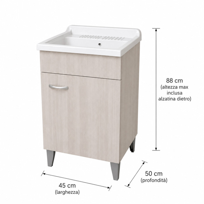 Mobile lavatoio lavanderia per interno in legno 1 anta L45 x P50 x H88 cm vasca in resina Olmo Perla