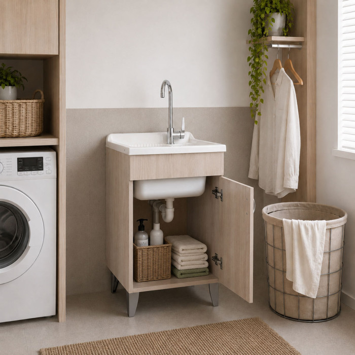 Mobile lavatoio lavanderia per interno in legno 1 anta L45 x P50 x H88 cm vasca in resina Olmo Perla