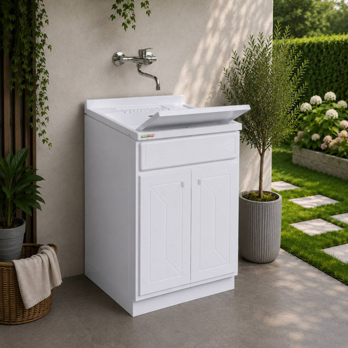 Lavatoio lavapanni da Esterno in Resina 2 Ante con Asse L60xP60 cm Lindol Bianco