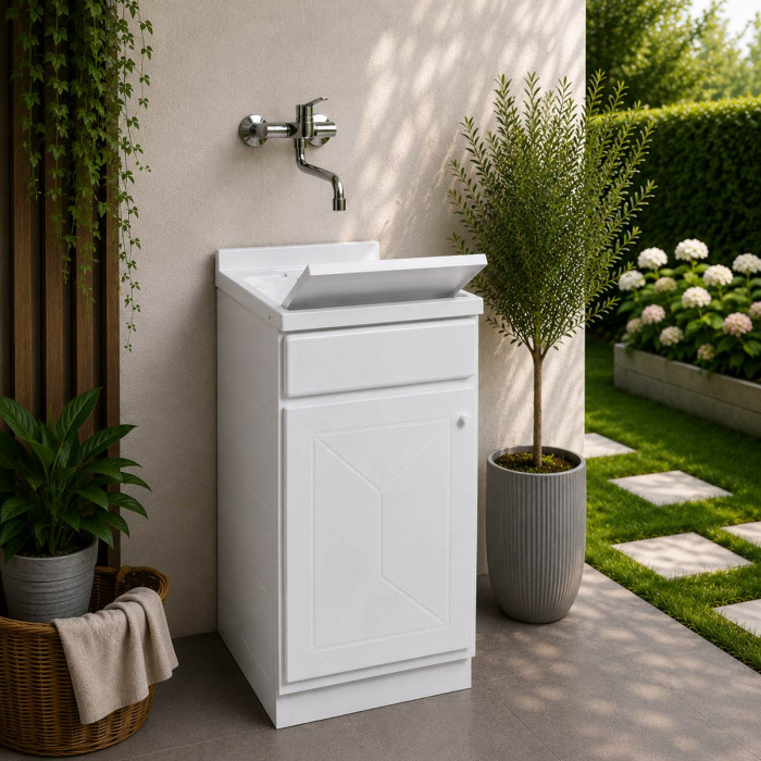 Mobile lavanderia lavatoio in resina con asse cm 50x50 ad 1 anta Bianco