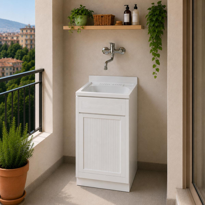 Mobile lavanderia lavatoio resina da esterno 45x50 con serrandina lindol bianco
