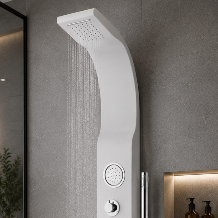 Colonna Doccia Bianco in ABS con Cascata, Soffione e Idrogetti Orientabili