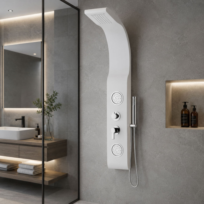 Colonna Doccia Bianco in ABS con Cascata, Soffione e Idrogetti Orientabili