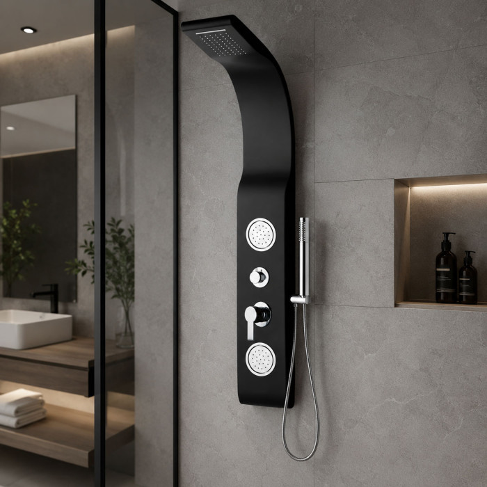 Colonna Doccia Nera in ABS con Cascata, Soffione e Idrogetti Orientabili