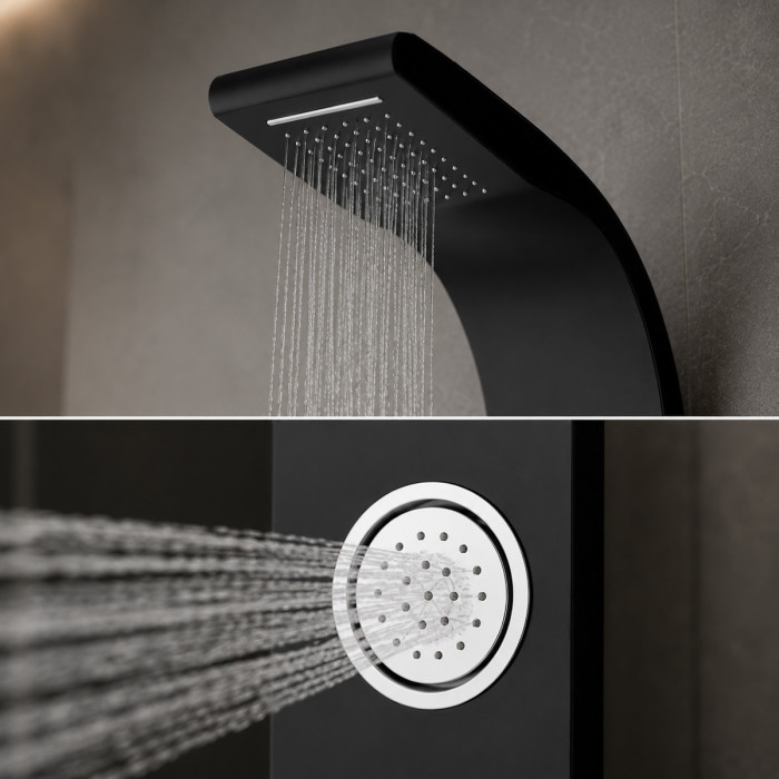 Colonna Doccia Nera in ABS con Cascata, Soffione e Idrogetti Orientabili