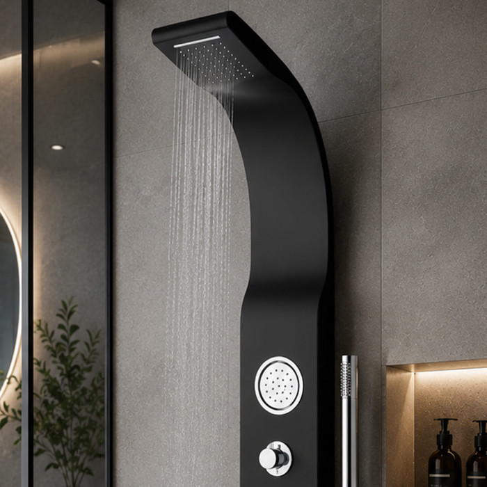 Colonna Doccia Nera in ABS con Cascata, Soffione e Idrogetti Orientabili