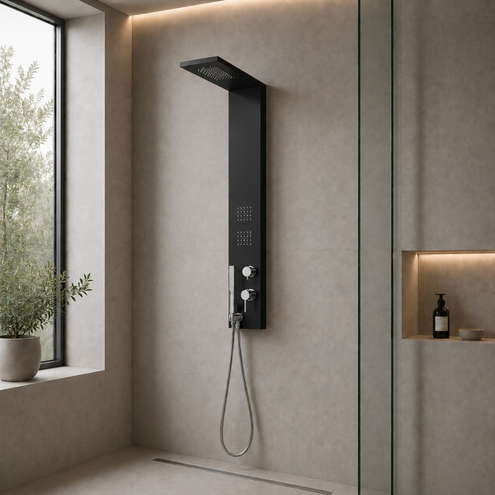 Colonna Doccia Alluminio Verniciato Nero con Soffione e Cascata Trend