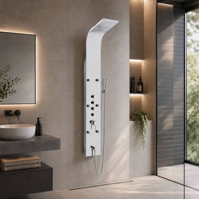 Colonna Doccia Idromassaggio in Acciaio Inox Lucido con Cascata, Soffione e Doccetta – Miscelatore Meccanico Niagara