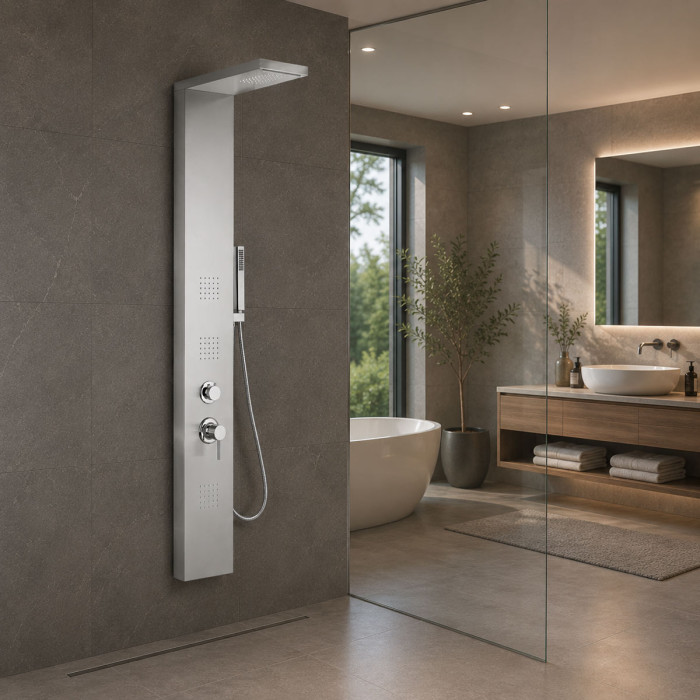 Colonna Doccia Idromassaggio Mnhattan in Acciaio Inox Spazzolato 160 cm Cascata, Soffione, Doccetta e Getti Dorsali