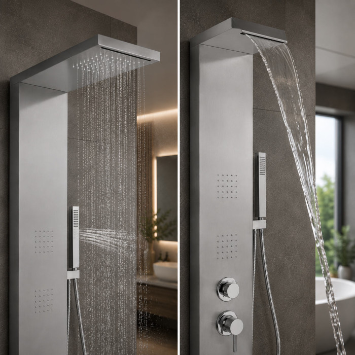 Colonna Doccia Idromassaggio Mnhattan in Acciaio Inox Spazzolato 160 cm Cascata, Soffione, Doccetta e Getti Dorsali