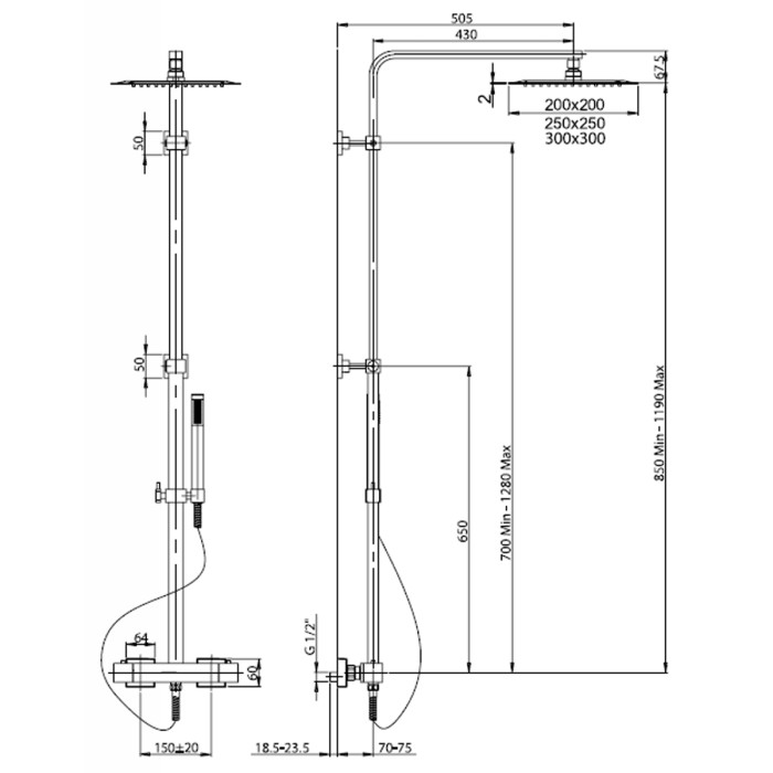 Colonna Doccia Termostatica, Sorgente con Soffione 20x20 cm Acciaio Inox e Miscelatore con tubo in Ottone Cromato