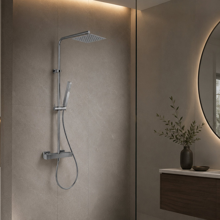 Colonna Doccia Termostatica, Sorgente con Soffione 20x20 cm Acciaio Inox e Miscelatore con tubo in Ottone Cromato