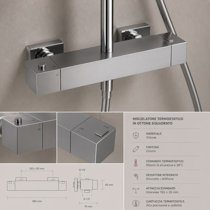 Colonna Doccia Termostatica, Sorgente con Soffione 20x20 cm Acciaio Inox e Miscelatore con tubo in Ottone Cromato