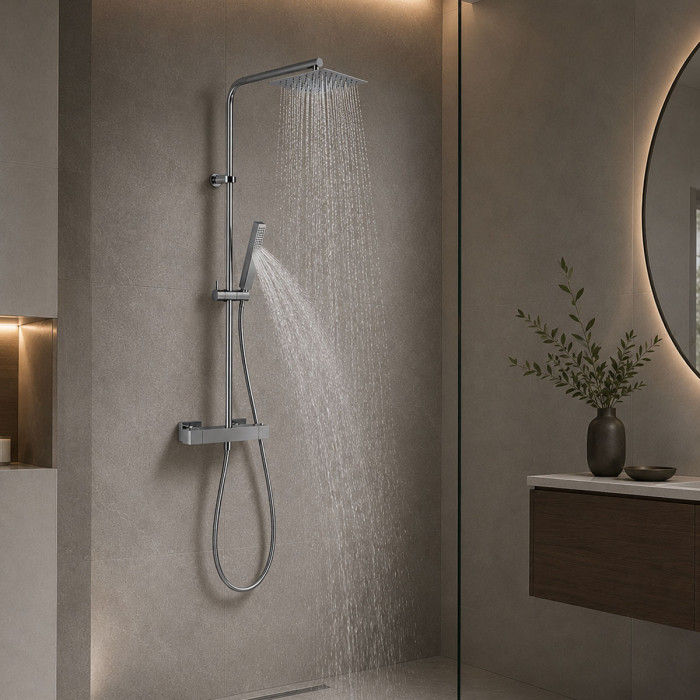 Colonna Doccia Termostatica, Sorgente con Soffione 20x20 cm Acciaio Inox e Miscelatore con tubo in Ottone Cromato