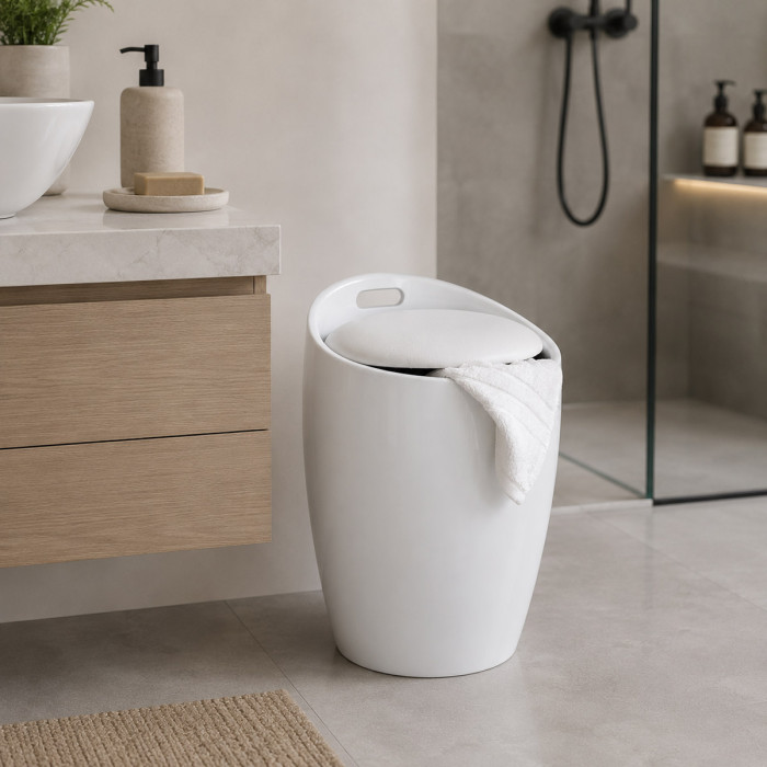 Sgabello portabiancheria bagno in abs e sedile bianco kelly