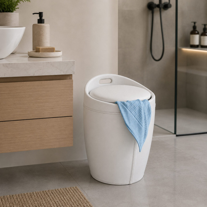 Cesto Portabiancheria Bagno Bianco in Ecopelle, organizzazione lavanderia, kelly