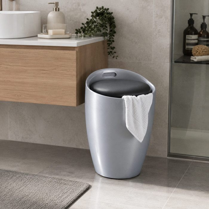 Cesto Portabiancheria Bagno Design Argento con Sacco Interno Estraibile Ø 36 x H 50,5 cm