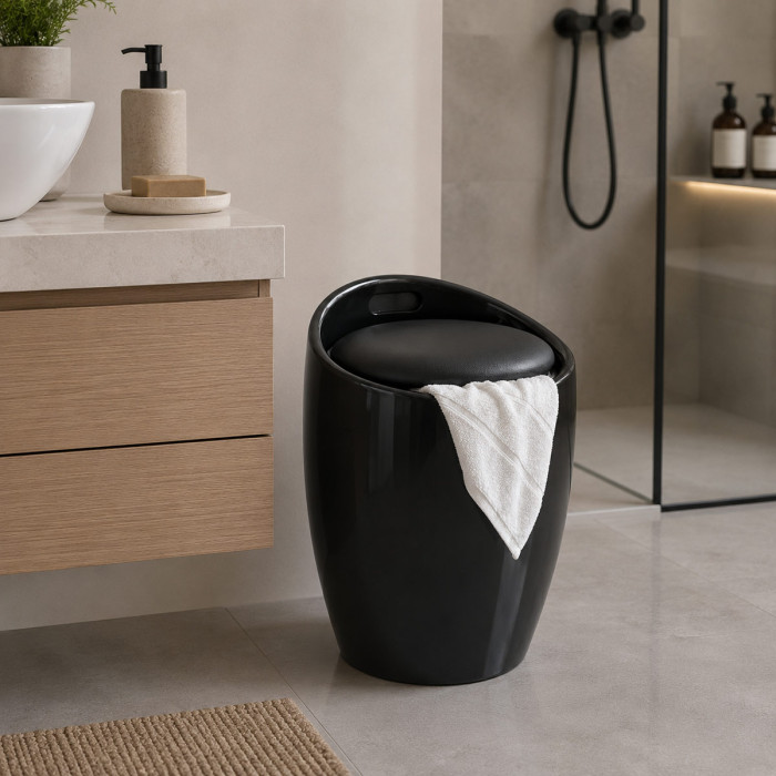 Sgabello portabiancheria bagno in abs nero con sacco estraibile Kelly