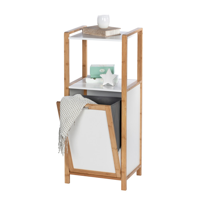 mobile colonna biancheria con cesto e 2 ripiani in legno bambù naturale e bianco Palma