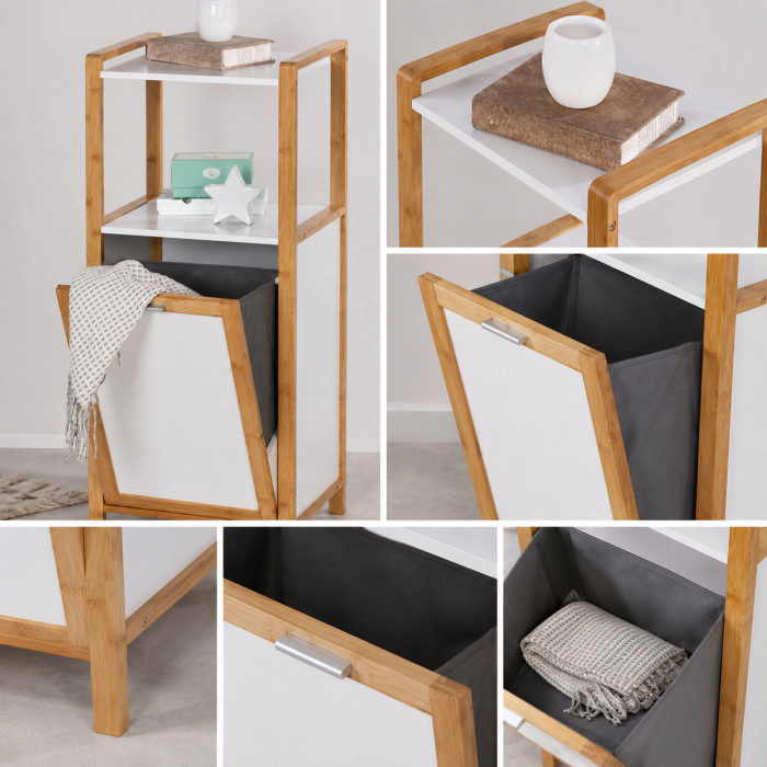 mobile colonna biancheria con cesto e 2 ripiani in legno bambù naturale e bianco Palma