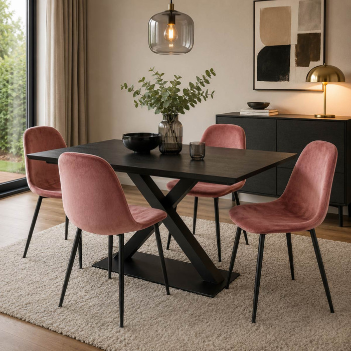 sedie per casa in velluto rosa antico con gambe in metallo nero mirelia, sedie per sala da pranzo, sedie moderne