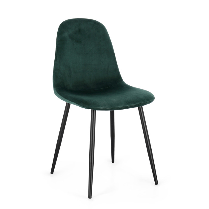 sedie per casa con rivestimento in velluto imbottito verde bottiglia e gambe in metallo nero, sedie moderne, sedie resistenti.