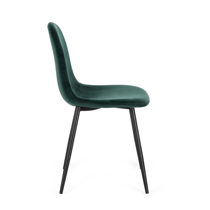 sedie per casa con rivestimento in velluto imbottito verde bottiglia e gambe in metallo nero, sedie moderne, sedie resistenti.