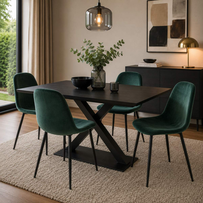 sedie per casa con rivestimento in velluto imbottito verde bottiglia e gambe in metallo nero, sedie moderne, sedie resistenti.