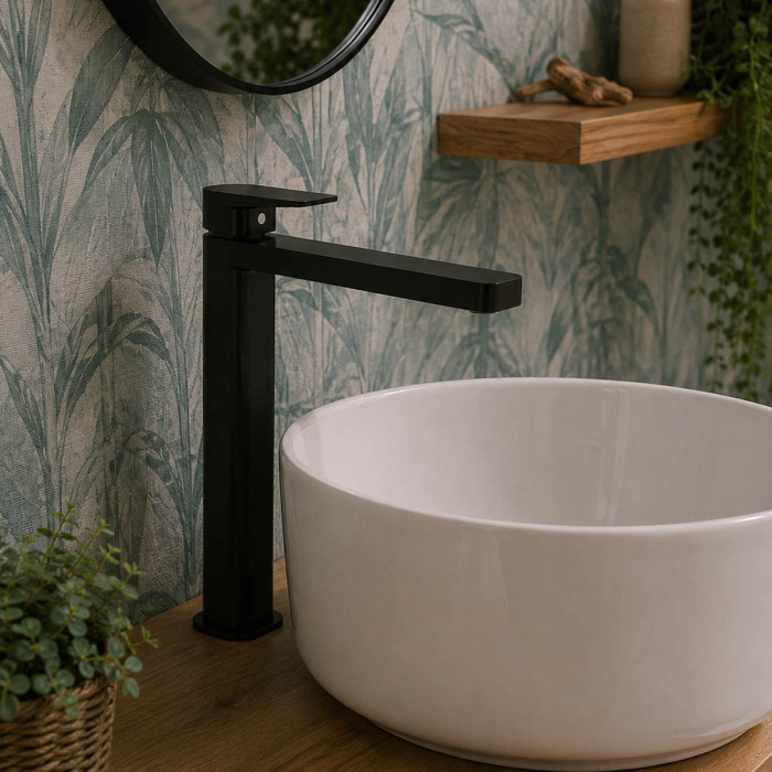 Miscelatore Lavabo alto con piletta di scarico click clack modello Plan nero