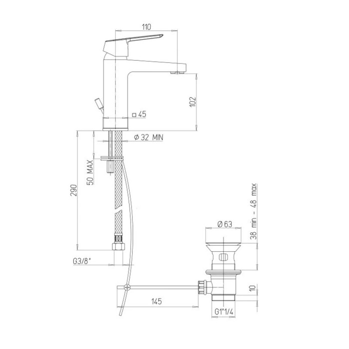 Rubinetto bagno in ottone cromato moderno