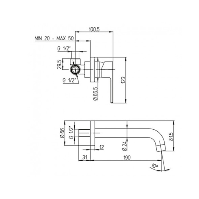 Miscelatore lavabo a muro senza piastra marca Piralla mod. Baci