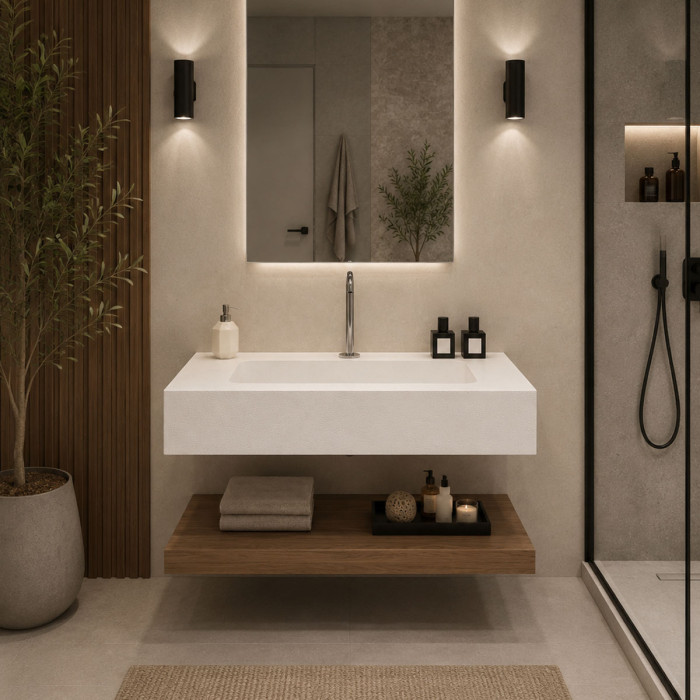 Top lavabo sospeso in marmoresina cm 80x50xh13 Bianco mod. Heavy