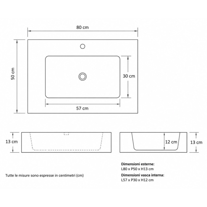 Top lavabo sospeso in marmoresina cm 80x50xh13 Antracite mod. Heavy