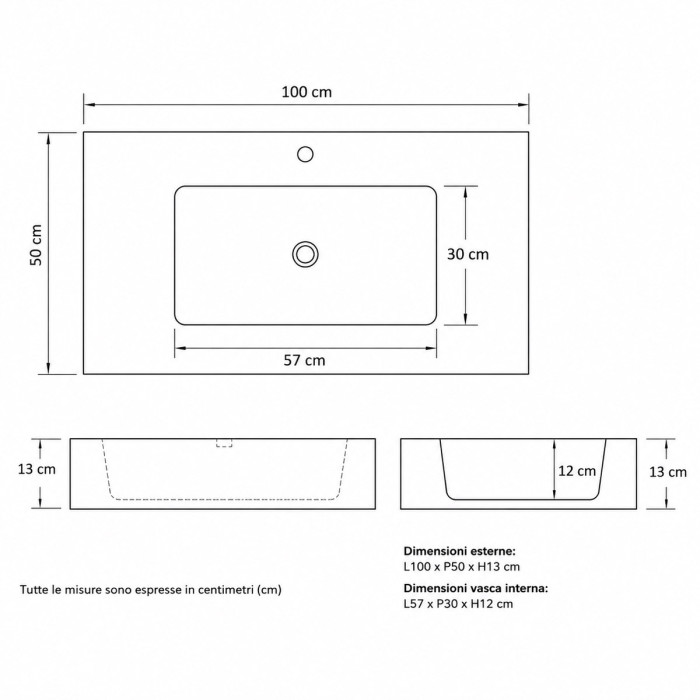 Top lavabo sospeso in marmoresina cm 100x50xh13 Bianco Mod. Heavy