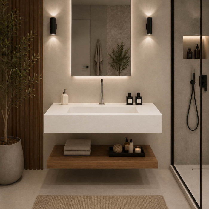 Top lavabo sospeso in marmoresina cm 100x50xh13 Bianco Mod. Heavy