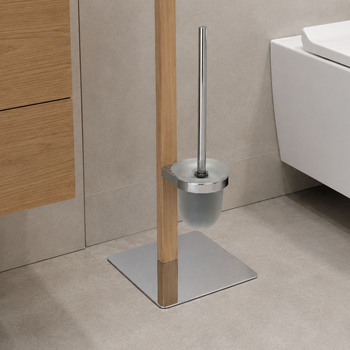 ESSENZA - Piantana wc bagno porta rotolo e scopino in acciaio lucido e legno naturale