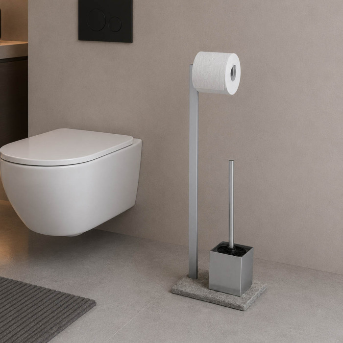 Piantana porta rotolo e scopino in acciaio inox satinato base poliresina mod. Granit