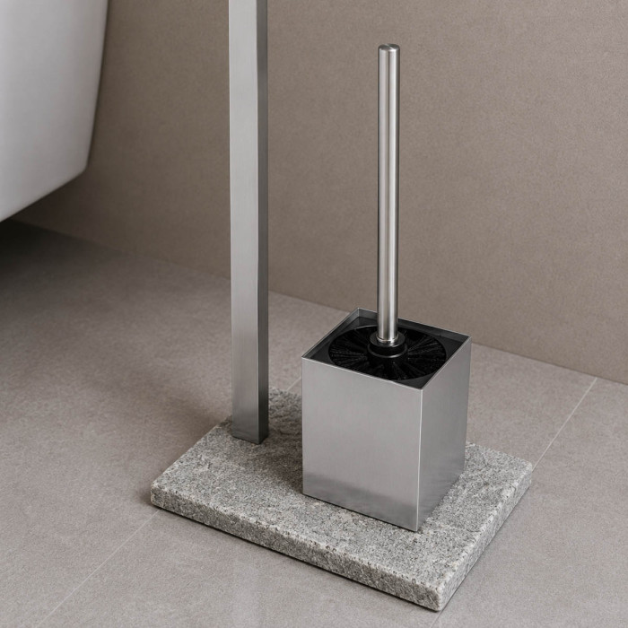 Piantana porta rotolo e scopino in acciaio inox satinato base poliresina mod. Granit