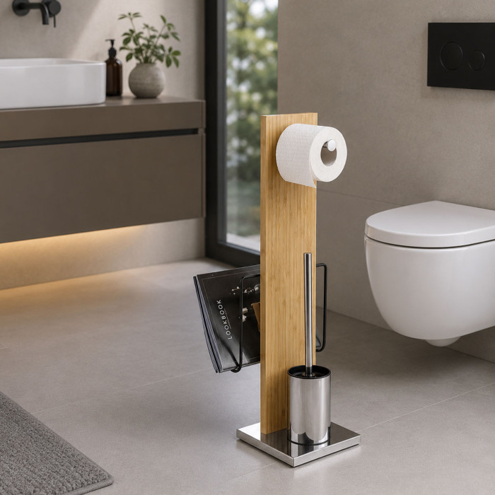 Piantana porta rotolo scopino e riviste in acciaio inox e bambù LEXA