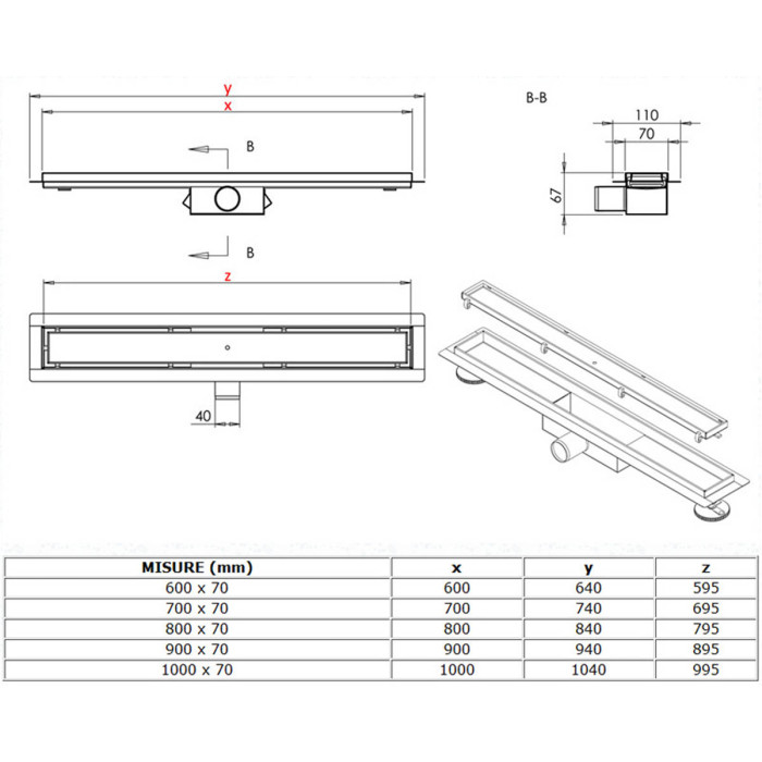 Canalina doccia inox piastrellabile disponibile 60 70 80 90 100 cm
