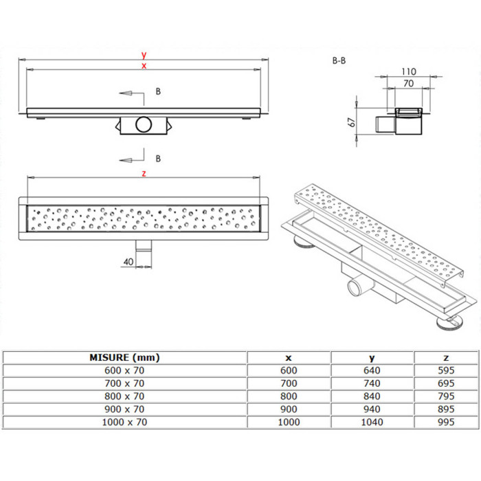 Canalina scarico doccia inox disponibile da 60 a 100 cm