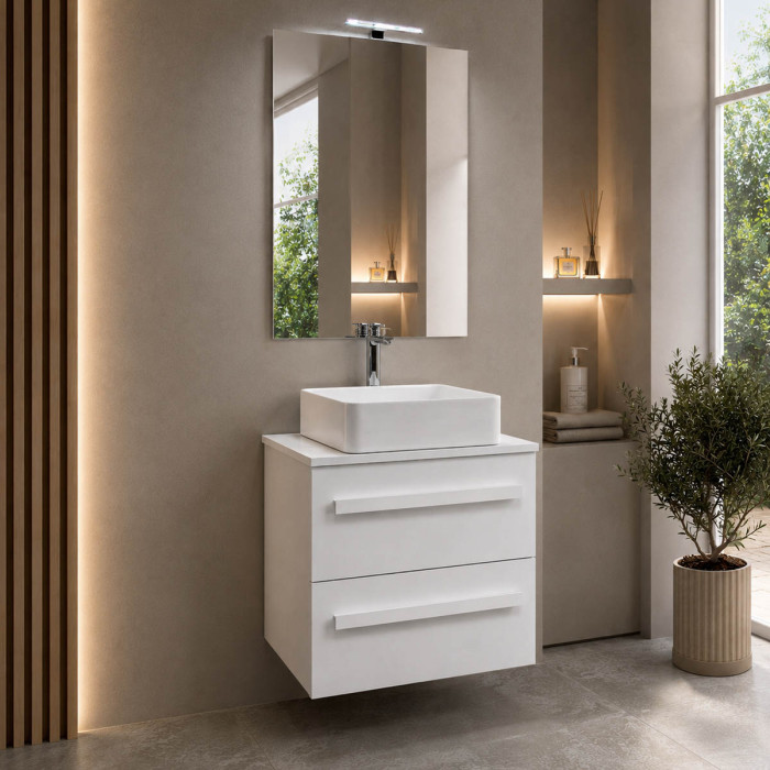 Mobile bagno sospeso effetto cemento bianco con lavabo d'appoggio