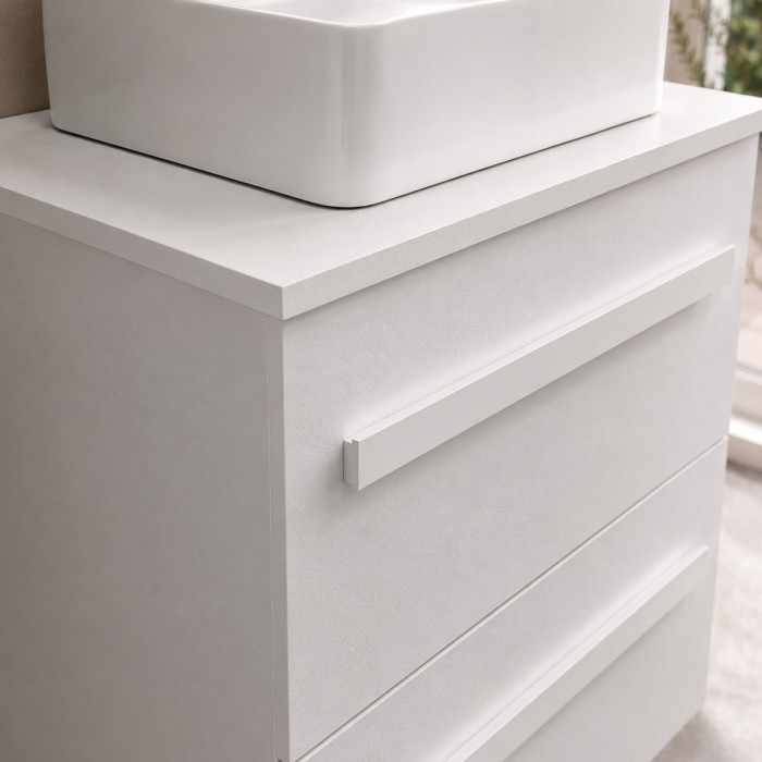 Dettaglio mobile bagno Lirioa finitura cemento bianco